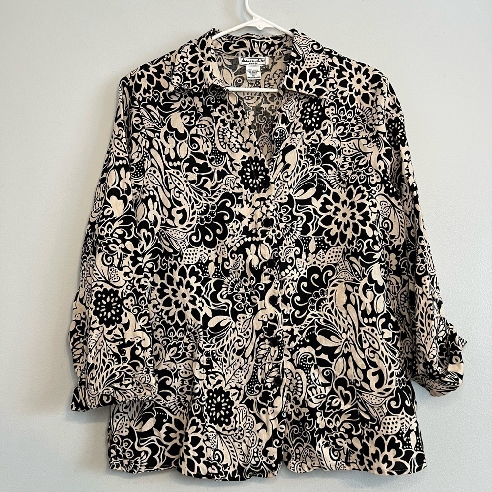 Deane & White Linen Button Up Shirt Plus Sz 1X Black Beige Paisley Travel Boho
